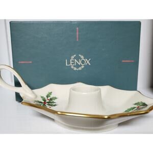 Lenox Holiday Candle Holder Ivory Porcelain 24K Gold Rim Holly Berry Design